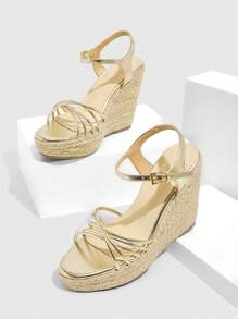 CUCCOO SZL Women's Fashion Gold Thin Strap Ankle Wrap Raffia Rope Platform Wedge Sandals, For Commuting, Dating, Party, Holiday - Gold - View 2