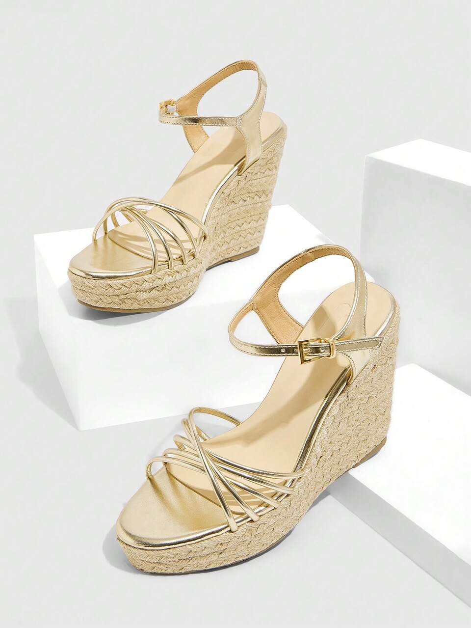CUCCOO SZL Women's Fashion Gold Thin Strap Ankle Wrap Raffia Rope Platform Wedge Sandals, For Commuting, Dating, Party, Holiday