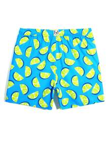 Surfspeed Men's Lemon Print Draw String Waist Beach Shorts, Summer Vacation/Pool - Green - View 2