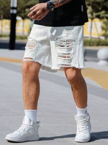 Manfinity Roghcode Shorts vaqueros de algodón para hombre, de corte holgado y con diseño desgarrado y de escalera - Beis - Ver 7