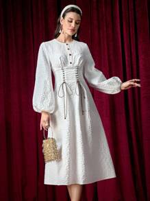 Modelyn Women's Front Button Long Sleeve Belted Elegant Mid-Length Dress - White - View 3