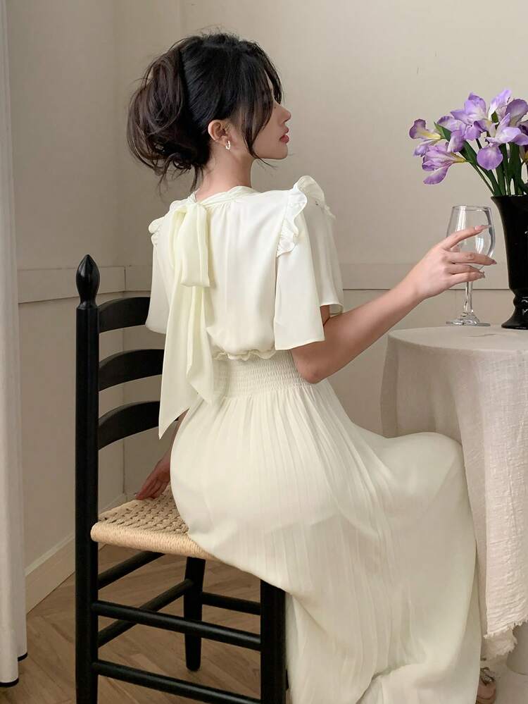 Plain Ruffle Trim Midi Pleated Dress For Women Prom Dress Sundress Elegant Women Dresses