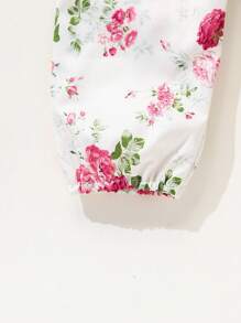 SHEIN Playful Pals 女嬰花卉印花荷葉領無袖連身褲，適合春夏季外出、度假與日常穿著，秋季適用 - 杏色 - 查看 5