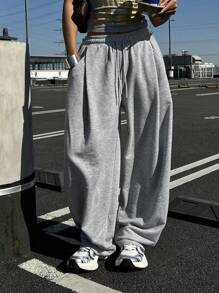 DAZY Women Solid Color Loose Pleated Long Pants, Sports & Casual Sweatpants, Spring Y2k,Women Joggers