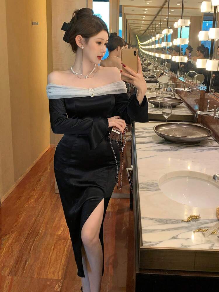 Bodycon Party/Date Dress, High Slit Sequin Mesh Splice Sexy Off-Shoulder Ladies Dress Prom Dress,Fall Dress Homecoming Dresses Long Sleeve Dress Luxury Elegant Women Dresses