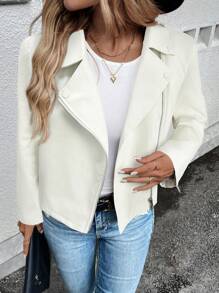 SHEIN LUNE 女式仿皮休闲基本款常规夹克，适合户外穿着，秋冬女装 - 白色 - 查看 5