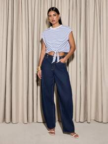 AiiRZ 航海条纹背心，无袖前系带短款夏季海滩休闲结饰混纺弹力时尚背心 - 藍白色 - 查看 3