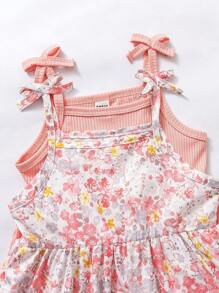 SHEIN 2 件套年轻女孩休闲碎花 + 纯色吊带连衣裙，适合夏季户外活动的可爱服装 - 彩色 - 查看 6