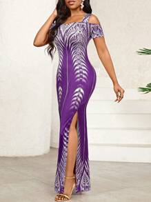 SHEIN Lady Holiday Dresses Wedding Festival Slit Long Dress For Women - Purple - View 6