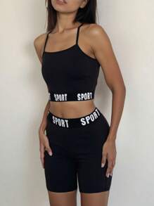 SHEIN Leap Crew Teen Girls Casual Sports Black Spliced Elastic Band Graphic Top And Bike Shorts - Black - View 1