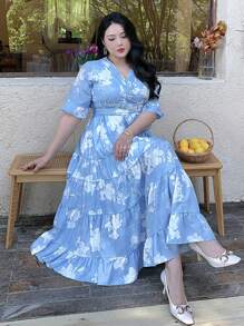 Dazy Petite Plus Plus Size Blue Floral Print V-Neck Cinched Waist Long Dress, Spring/Summer - Blue - View 4