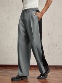 AKNOTIC Business Casual Pantalones casuales rectos relajados con cintura elástica y parches en gris y negro, uso diario, decoración con letras y metal, oficina