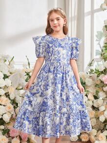 SHEIN Tween Girl Elegant Floral Print Ruffle Hem Short Sleeve Dress - Multicolor - View 1