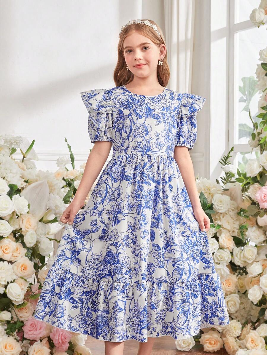SHEIN Tween Girl Elegant Floral Print Ruffle Hem Short Sleeve Dress - Multicolor - View 1