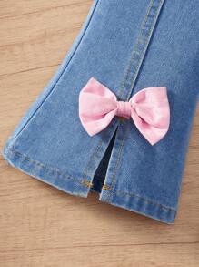 SHEIN 2 Pcs Baby Girl Spring/Autumn Cute Bow Print Long Sleeve Top And Ruffled Bow Decor Flared Jeans Pants Set - Baby Pink - View 5