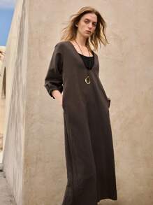 Ontre Women Short Sleeve Round Neck Simple Elegant Straight Long Dress - Chocolate Brown - View 7