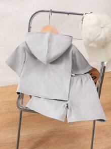 SHEIN 2pcs Young Boy Casual Loose T-Shirt + Khaki Pants Set - Grey - View 2