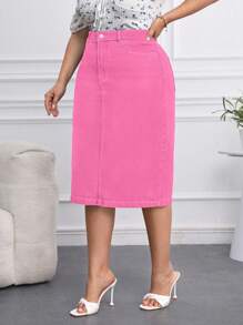 SHEIN Privé Plus Size Women's Straight Stretch Denim Skirt