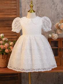 SHEIN Glamorique Kids Young Girl' White Lace Ruffle Collar Mesh Party Dress, Suitable For Outings And Vacations In Summer - White - View 8