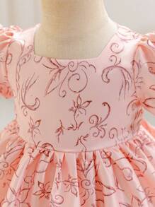SHEIN Glamorique Kids Vestito formale/da festa per bambini, di colore unito, con vita arricciata e gonna a balze, maniche a sbuffo, elegante per occasioni, adatto per tutte le stagioni - Rosa - Visualizzare 4