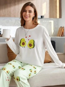 CoupledUp Conjunto de pijama con estampado de aguacate de dibujos animados para mujer, top y pantalón