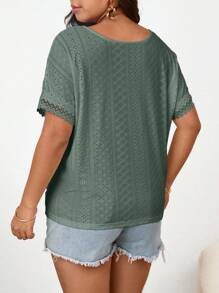 SHEIN Frenchy Plus Size Women Textured V-Neck Lace Trim T-Shirt, Casual Wear For Spring/Summer