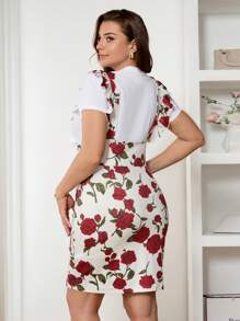 SHEIN Frenchy Plus Size Women's Summer Dresses, Summer Women's Clothing ,Printed Ruffle Strap Dress, Rose Flower, Valentine's Day, Lover, Flower, Elegant Dress, Spring Dress, Spring Summer Women's Clothing, Date, Party, Dress - Multicolor - View 3