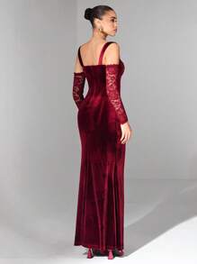 Glamine 全新勃艮第天鹅绒肩带蕾丝拼接长袖露背拉链修身长款针织四季高级美人鱼长款女士连衣裙、优雅舞会礼服、约会晚礼服、端庄晚宴装 - 酒紅色 - 查看 2