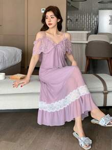 DAZY Romantic Patchwork Waist Exposed Shoulder Women Nightgown