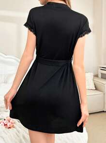 Soft Lace Patchwork Casual Robe - Black - View 2