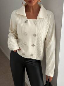 EURMUSE 休闲纯色双排扣翻领针织开衫