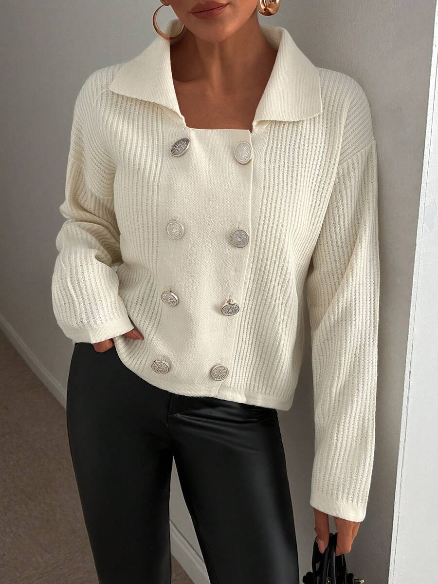 EURMUSE 休闲纯色双排扣翻领针织开衫