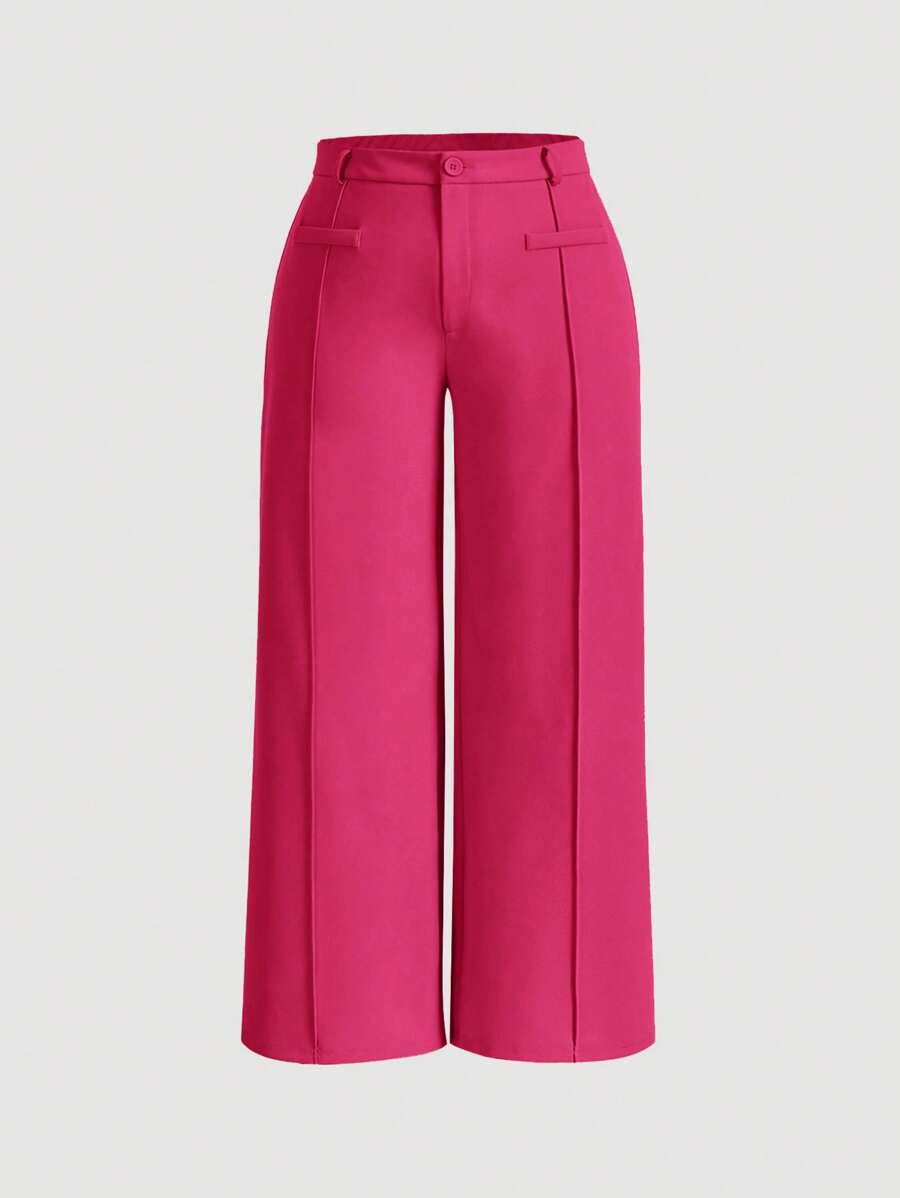 SHEIN MOD 大码女式纯色阔腿牙签条纹休闲裤 - 玫紅色 - 查看 1