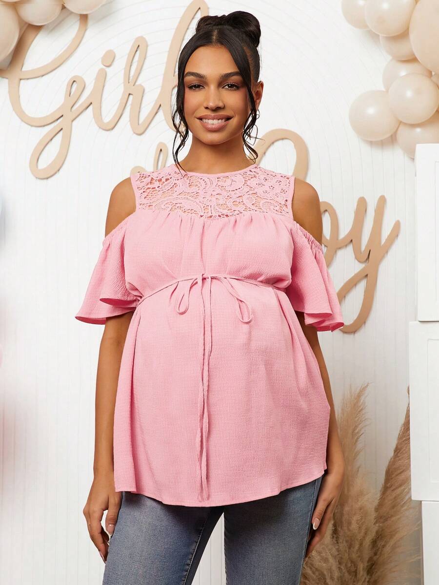 Loomaby 孕妇蕾丝拼布露肩衬衫，适合婴儿送礼会