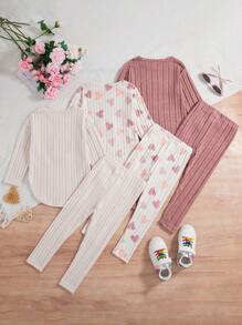 SHEIN Conjunto de 3 piezas para niña, nueva colección otoño/invierno: blusa de cuello redondo de felpa con mangas largas + leggings con estampado de corazones + conjunto casual de moda para estar en casa