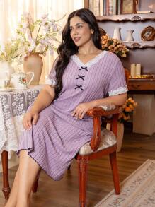 Plus Size V-Neck Lace Trim Bow Design Soft & Breathable Rib Knit Mid-Length Nightgown, Comfy For Home Wear - Purple - View 3