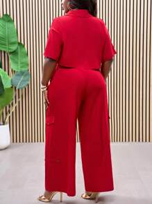 Slaydiva Plus Size Women's Two-Piece Set: Cargo Front Patch Work Cropped Shirt And Side Pocket Wide Leg Pants - Red - View 10