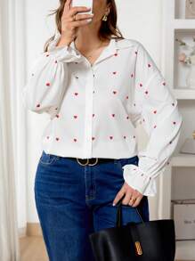 SHEIN Frenchy Plus Size Casual Office Heart Print Ruffle Sleeve Shirt - White - View 2