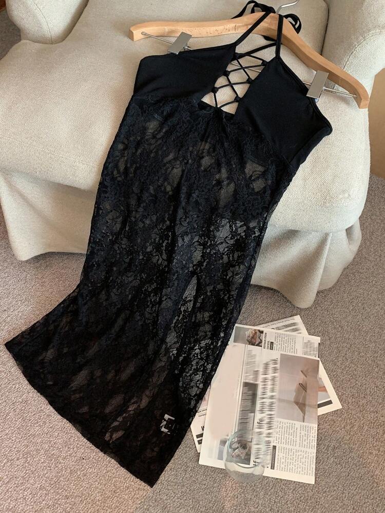 Sexy Lace Patchwork Tie Up Sheer Cutout High Slit Bodycon Nightgown For Women Lingerie For Women
