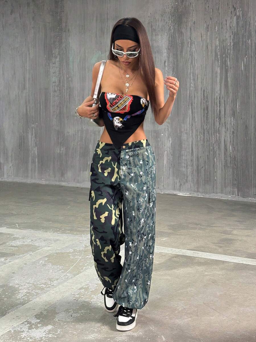 StreetHx 女式迷彩印花拼布休闲裤，春夏