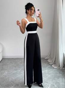 Elenzga 女式双色无袖阔腿休闲连身裤 - 黑與白 - 查看 6