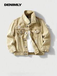 Unisex Young Kids Causal Urban Street Neutral Khaki Stone Wash Ripped Relax Fit Button Front Fastening Denim Jacket,Spring Summer Must Have Daily Fashion Item