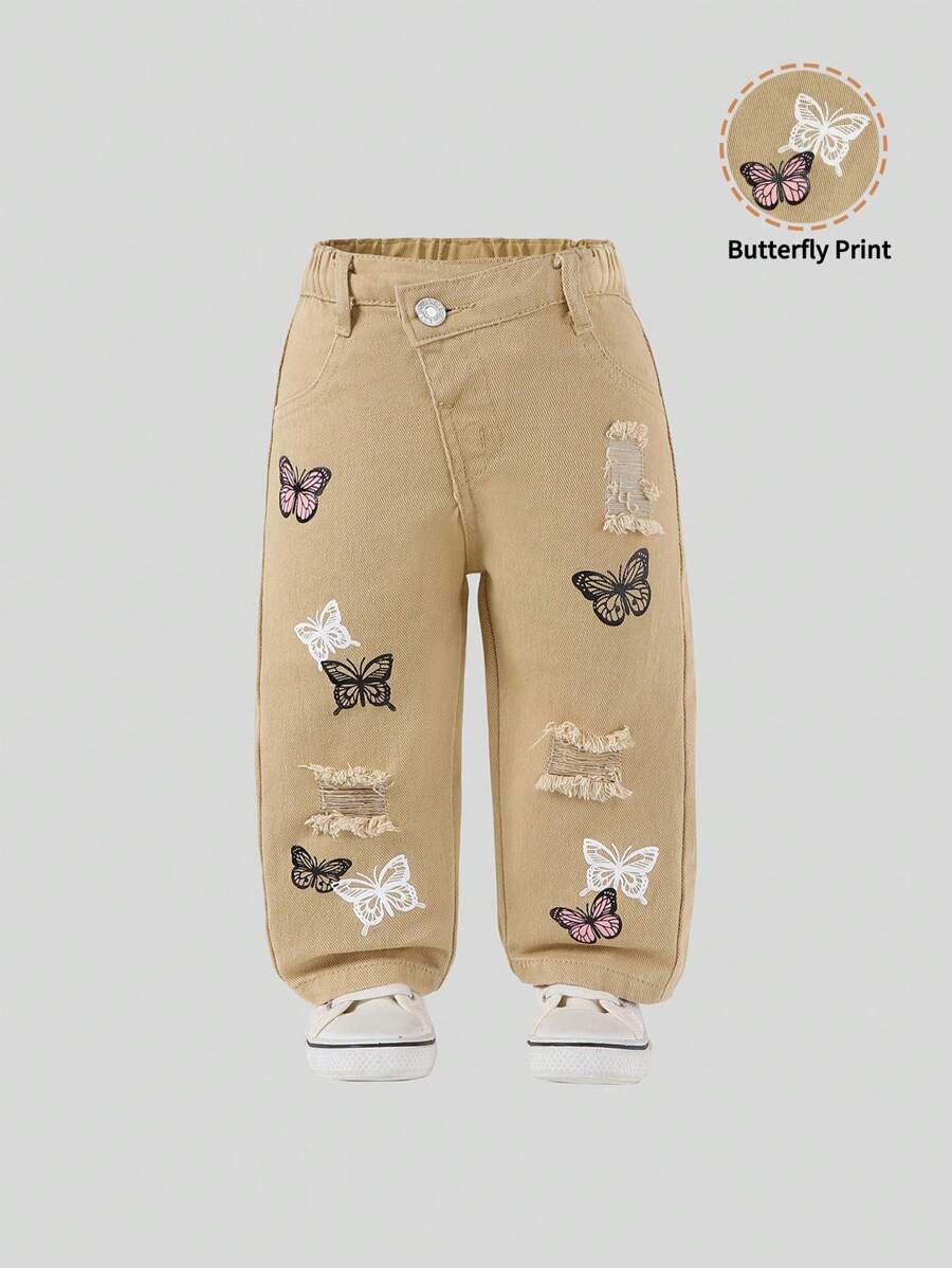 SHEIN 女婴不对称弹性腰部修身蝴蝶印花浅色直筒牛仔裤 - 卡其色 - 查看 1