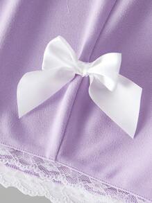 SHEIN MOD Minifalda de verano de color lila con lazo frontal, ribete de encaje y bajo con abertura - Lila Púrpura - Ver 4