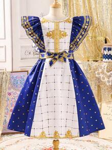 Vestido de mangas cortas con volantes y estampado geométrico tradicional para niña preadolescente, para usar en fiestas, festivales o Ramadán