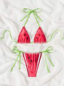 SHEIN Swim Springbreak Women Random Print Micro Triangle Halter Cute Bikini Set For Summer Beach Vacation
