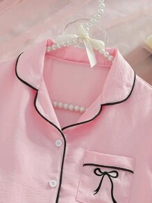 2pcs/Set Tween Girls Cute Bow Design Top And Soft Comfortable Pants Pajama Set - Pink - View 4