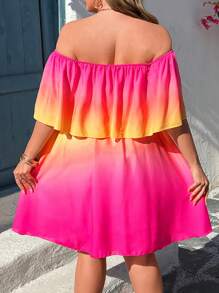 SHEIN Clasi Plus Size Boho Open Shoulder Front Tied Ombre Casual Short Dress, For Summer - Multicolor - View 2