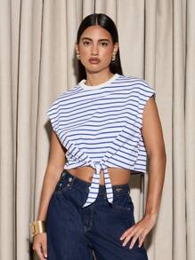 AiiRZ 航海条纹背心，无袖前系带短款夏季海滩休闲结饰混纺弹力时尚背心 - 藍白色 - 查看 1