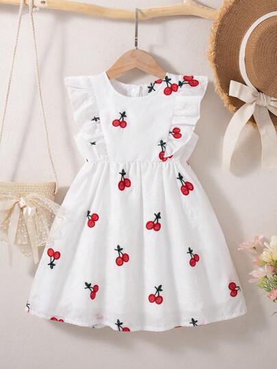 SHEIN Vintaside Kids 少女正式樱桃刺绣碎花圆领露背荷叶袖宽松无袖连衣裙，甜美简约，夏季